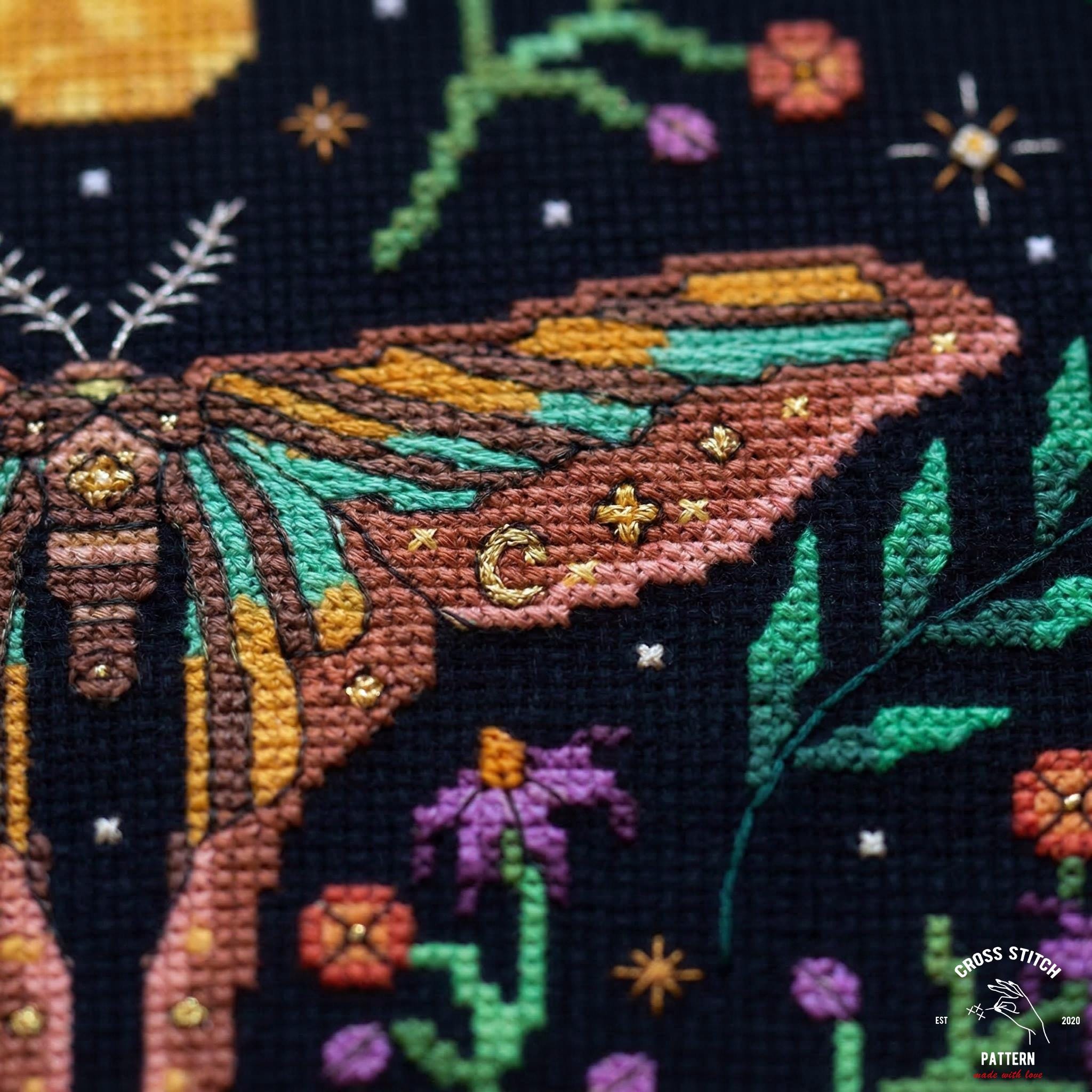 Moth Cross Stitch Pattern PDF, Floral Insect Embroidery Design ...