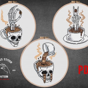 3 Coffee time cross stitch pattern Skeleton cross stitch Tattoo embroidery Gothic Skull theme Modern counted cross-stitch kitchen wall decor