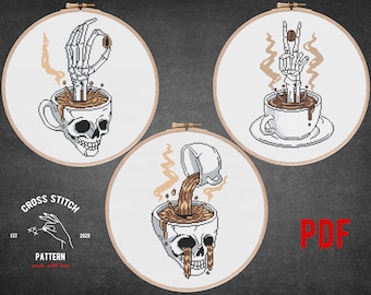 3 Coffee time cross stitch pattern Skeleton cross stitch Tattoo embroidery Gothic Skull theme Modern counted cross-stitch kitchen wall decor
