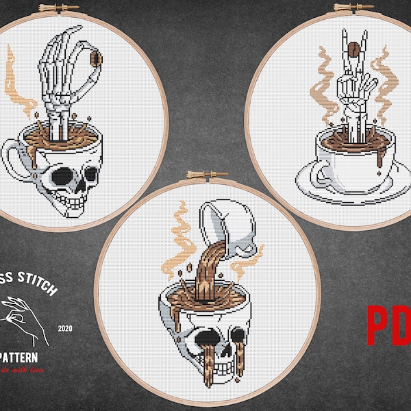 3 Koffietijd kruissteekpatroon Skelet kruissteek Tattoo borduurwerk Gotische schedel thema Moderne keukenwanddecoratie met telsteek