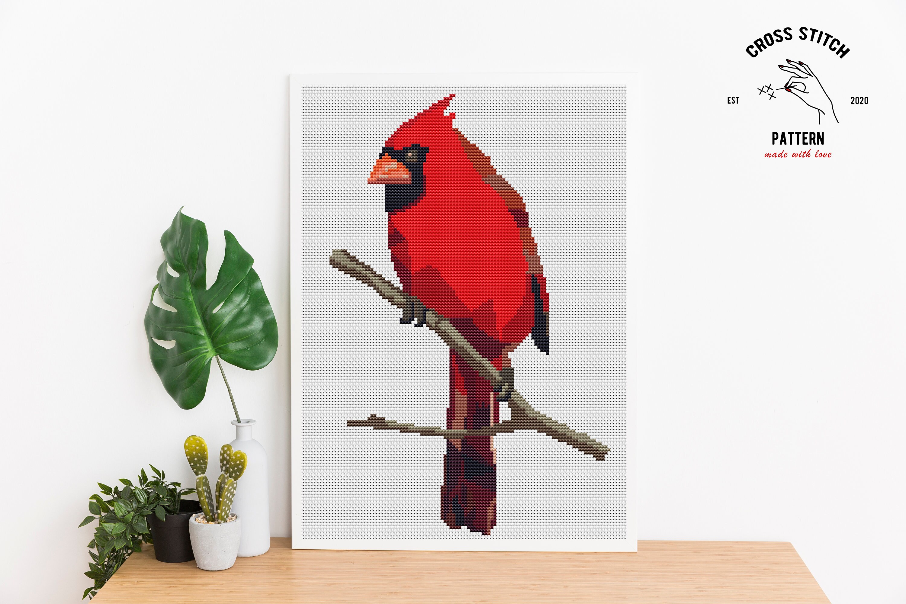 Red Cardinal Cross Stitch Pattern Geometric Bird Cross Etsy UK
