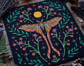 Moth Cross Stitch Pattern PDF, Floral Insect Embroidery Design, Botanical Moon Needlework Chart