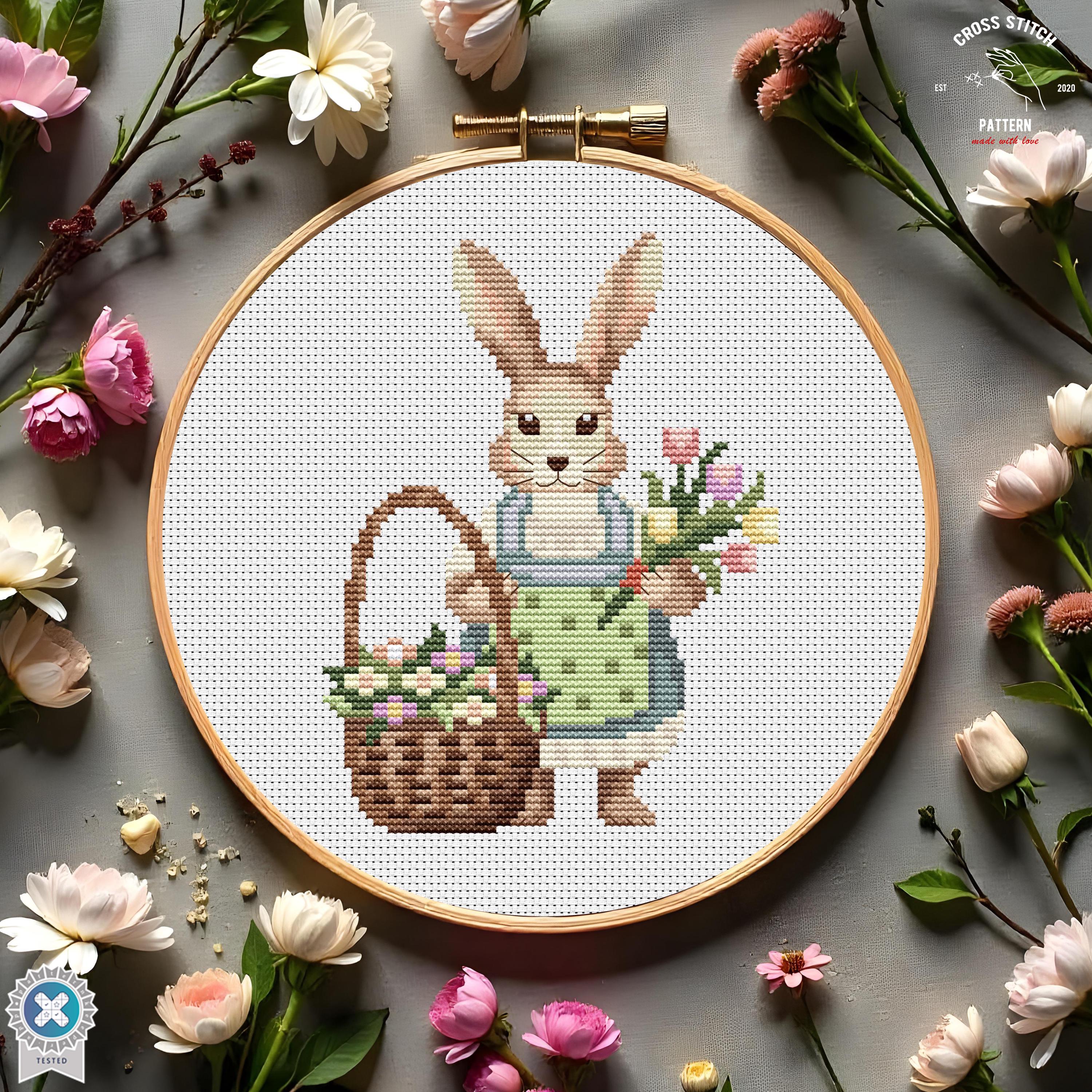 Bunny Cross Stitch Pattern Cute Rabbit with Basket of Flowers Cottagecore Spring Floral Design Easter cross stitch Animal Embroidery