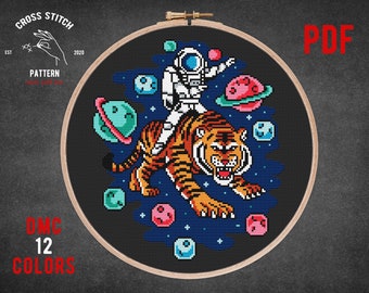 Astronaut on a tiger cross stitch pattern Space galaxy theme cross stitch Astronomy xstitch Kids room wall decor DIY gift