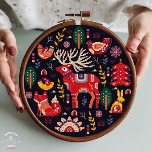 Scandinavian deer cross stitch pattern Rabbit Fox Folk cross stitch Nordic embroidery Cottagecore vintage ornament Modern polish embroidery