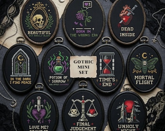 Bundel met gotische minicitaat kruissteekpatroon pdf, 10 borduurkaarten Dark Humor Witchy