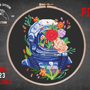 Patrón de punto de cruz de astronauta floral diseño de bordado de luna cosmonauta para habitación de niños con decoración de pared de guardería de niño con tema espacial galaxia