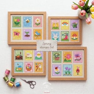 May include: Four framed cross-stitch art pieces with spring-themed designs. Each frame contains nine postage stamp-like images featuring flowers, bees, butterflies, and other spring motifs. The text "Spring stamps Set" is on a decorative label.
