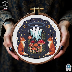 Ghost in a jar cross stitch pattern pdf Halloween cross stitch Fox cross stitch cute Spooky cross stitch autumn Mushroom Embroidery Design