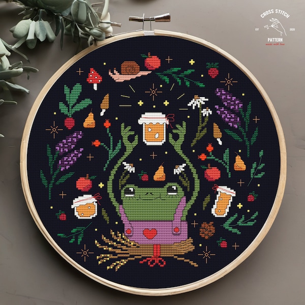 かわいいカエルのクロスステッチパターン、キノコのクロスステッチ、カタツムリのクロスステッチ、昆虫のクロスステッチ、コテージコア刺繍、ヒキガエルのクロスステッチ、蛾の刺繍