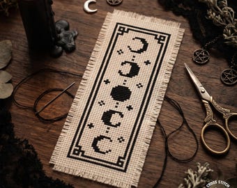 Gotische maanfase bladwijzer kruissteekpatroon: Witchy Celestial-borduurwerk (pdf-patroon)