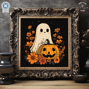 May include: Cross-stitch pattern featuring a ghost, pumpkin, and orange flowers on black, framed in a dark ornate frame. The words "CROSS STITCH PATTERN" and the year "2020" are in the upper right corner. A Halloween-themed design.
