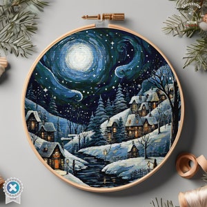 Christmas cross stitch pattern Winter Village Starry night embroidery Advent calendar embroidery Christmas tree ornament Christmas village