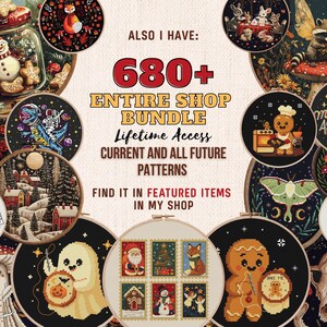 May include: A collection of cross-stitch patterns displayed in embroidery hoops. The image features various designs, including a snowman in a jar, a fox, a dinosaur, and a gingerbread man. Text includes "680+ Entire Shop Bundle" and "Gay Agenda".