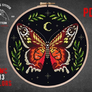 Moth cross stitch pattern Witch cross stitch Luna Moth Butterfly Moon Phase embroidery Gothic cross stitch Mushrooms theme Cottagecore decor