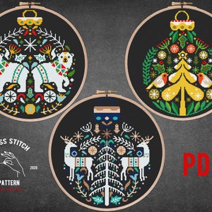 SET OF 3 Folk Christmas ornament cross stitch pattern Christmas balls embroidery Scandinavian theme gift Nordic advent Holiday home decor