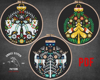 SET OF 3 Folk Christmas ornament cross stitch pattern Christmas balls embroidery Scandinavian theme gift Nordic advent Holiday home decor