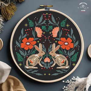 Rabbit cross stitch pattern Scandinavian cross stitch Nordic cross stitch Folk art cross stitch Floral Modern embroidery Cottagecore decor