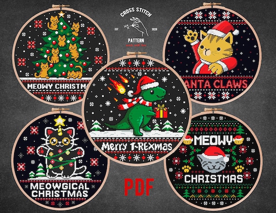 Christmas cat cross stitch Cross stitch advent calendar meowy christmas Christmas dinosaur 8 bit Funny cat embroidery Holiday home decor