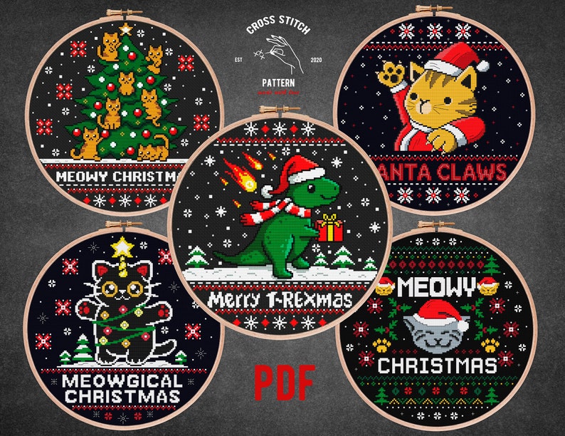 May include: Five black and white embroidery hoop patterns with Christmas themes. The patterns feature cats, a dinosaur, and a Christmas tree. The text on the hoops reads "Meowgical Christmas", "Meow Christmas", "Santa Claws", "Merry T-Rexmas", and "Meow Christmas".