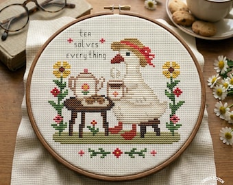 Kruissteekpatroon Snarky Goose: Tea Lover Quote Cottagecore-borduurwerk (pdf-patroon)