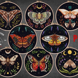 Moth cross stitch pattern Insect cross stitch Witchy cross stitch Gothic cross stitch Cottagecore decor Mushroom theme Moon Phase embroidery