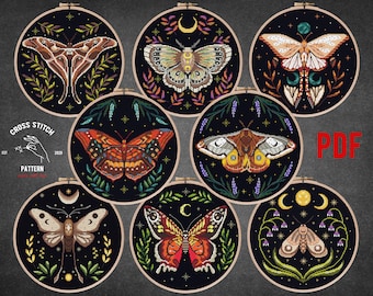 Moth cross stitch pattern Insect cross stitch Witchy cross stitch Gothic cross stitch Cottagecore decor Mushroom theme Moon Phase embroidery