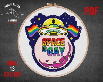 LGBT Pride Gay Lesbian Trans bisexual - cross stitch pattern - Space is Gay Funny embroidery - Vulgar counted cross stitch