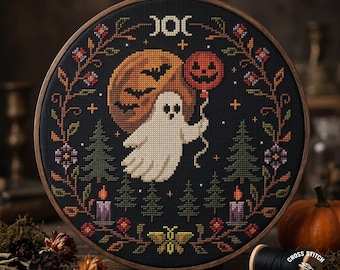 Ghost Cross Stitch Pattern: Halloween Witchy Moon Bat Floral Design (PDF Pattern)