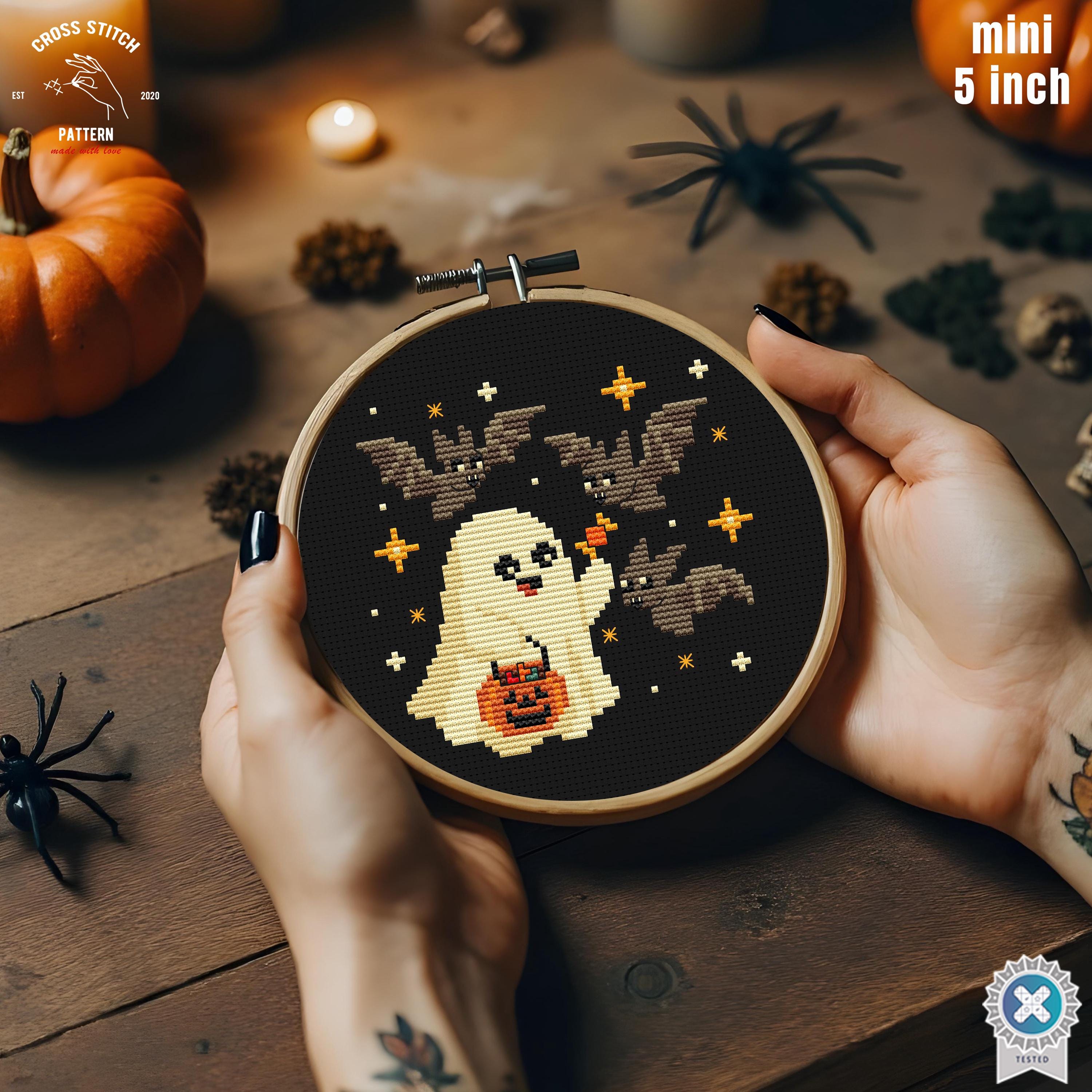 Tiny Halloween Cross Stitch Pattern Funny Ghost With Bat Embroidery ...
