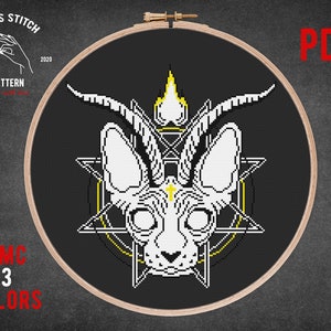 Mystische Sphynx Katze Kreuzstich Muster Death Skull Thema Okkulter Mond xstitch Mystische Pentagramm Stickerei Wicca Pagan Symbol Witch Stich