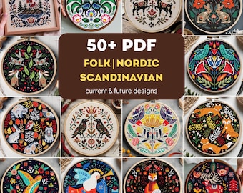Pakket met kruissteekborduurwerk in Scandinavische volkskunststijl: Borduurwerk met bosdieren en bloemen (PDF).