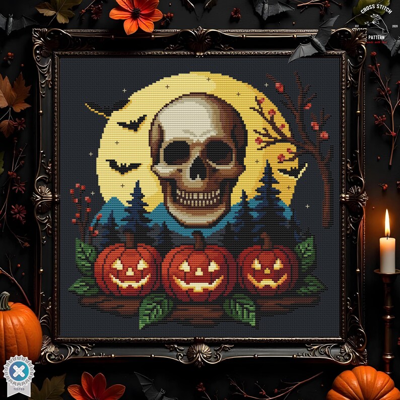 Halloween Cross Stitch Pattern Spooky Cross Stitch Skull Embroidery Bat ...