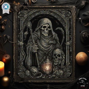 Grim Reaper Cross Stitch Pattern Skeleton cross stitch Creepy Skull Bat cross stitch Spooky Halloween embroidery Horror cross stitch