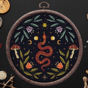 Snake cross stitch Witchy reptile embroidery Satanic cross stitch Gothic cross stitch Floral Serpent Occult cross stitch Moon embroidery pdf
