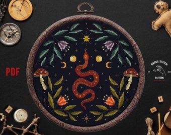 Snake cross stitch Witchy reptile embroidery Satanic cross stitch Gothic cross stitch Floral Serpent Occult cross stitch Moon embroidery pdf