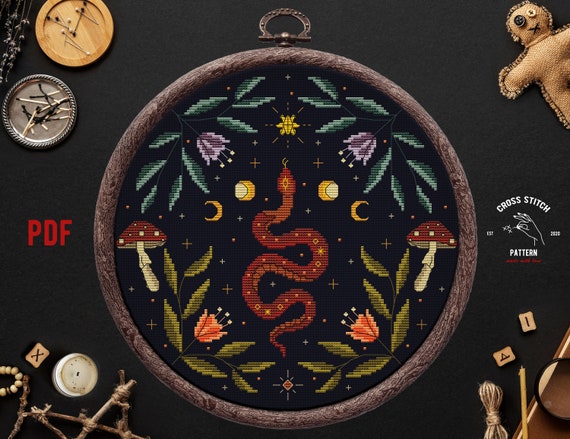Snake cross stitch Witchy reptile embroidery Satanic cross stitch Gothic cross stitch Floral Serpent Occult cross stitch Moon embroidery pdf