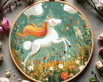 Unicorn cross stitch pattern Whimsical fantasy embroidery fairytale Colorful floral design wildflower forest animal horse cottagecore chart