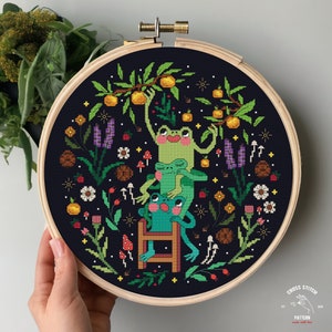 Cute Frog cross stitch pattern Funny Toad cross stitch Cottagecore embroidery Witchy cross stitch Creepy cute Mushroom Moth bug embroidery