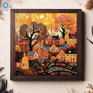 May include: A cross stitch pattern featuring a colorful autumnal village scene with houses, trees, and a bright sun. The houses are a mix of red, yellow, and brown, and the trees are a mix of orange, yellow, and green. The sun is a bright yellow and is shining down on the village.