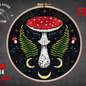 Mushroom cross stitch pattern Witchy fungi embroidery Gothic cross stitch Forest cross stitch Cottagecore theme Home wall decor Fly agaric