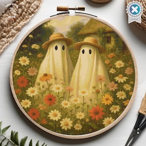 Cute ghosts cross stitch pattern Village cross stitch Flower Field Whimsical Cottagecore Halloween Embroidery spooky haunted Fall decor
