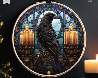 Stained Glass Raven Cross Stitch Pattern Gothic Crow cross stitch Mystical candle bird embroidery Horror cross stitch dark Witchy stitcher