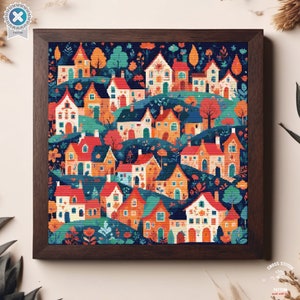 Village cross stitch pattern Houses Folk art town Colorful Countryside Town embroidery City Landscape cross stitch Nature cottagecore chart