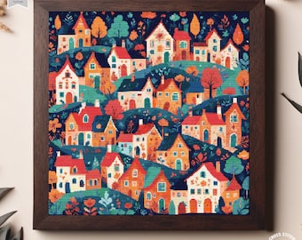 Village cross stitch pattern Houses Folk art town Colorful Countryside Town embroidery City Landscape cross stitch Nature cottagecore chart