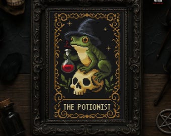Gothic Frog counted Cross Stitch Pattern, Witchy Tarot Embroidery, Occult Skull alchemist, Spooky Dark Fantasy Cottagecore (PDF chart)