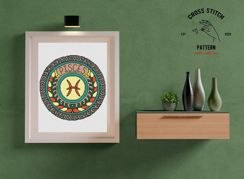 Korsstygnsmönster med stjärntecken Fiskarna Astrologiskt teckenbroderi Stjärnsymbol Väggdekorationer Mandala korsstygn bild 3