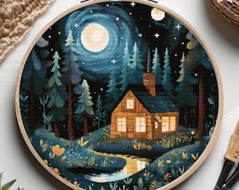 Cabin in the woods cross stitch pattern Village houses starry night forest embroidery cottagecore Nature Landscape Full coverage xstitch