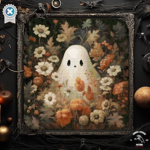Halloween cross stitch pattern Spooky cross stitch Creepy cute Ghost cross stitch floral garden xstitch Scary embroidery fall witchy decor