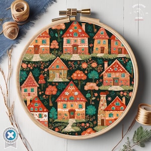 Village cross stitch pattern Houses Folk art town Colorful Countryside Town embroidery City Landscape cross stitch Nature cottagecore chart